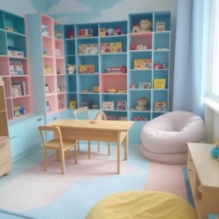 Przykładowe kategorie produktów do pokoju dziecięcego przedstawione na kolorowych kafelkach.