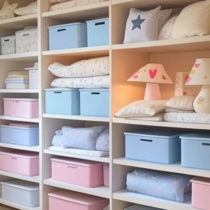 Półki z kolorowymi zabawkami i dekoracjami w pokoju dziecięcym