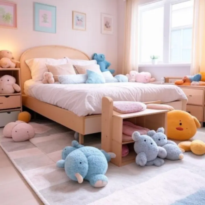 Przytulny, pastelowy pokój dziecięcy z łóżkiem, półkami i dekoracjami