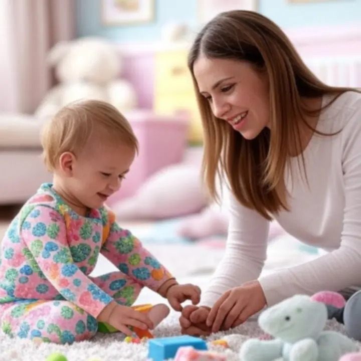 Mama z dzieckiem bawiąca się w przytulnym pokoju dziecięcym