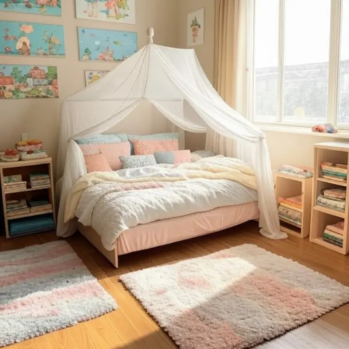 Przykładowa, pastelowa aranżacja pokoju dziecięcego z łóżeczkiem, regałem i dekoracjami.