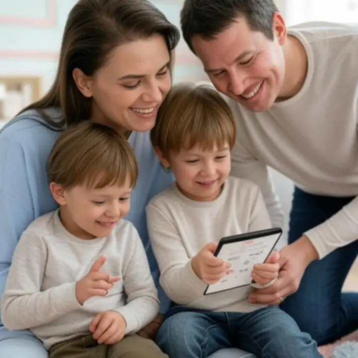 Rodzina oglądająca rekomendowane produkty na ekranie